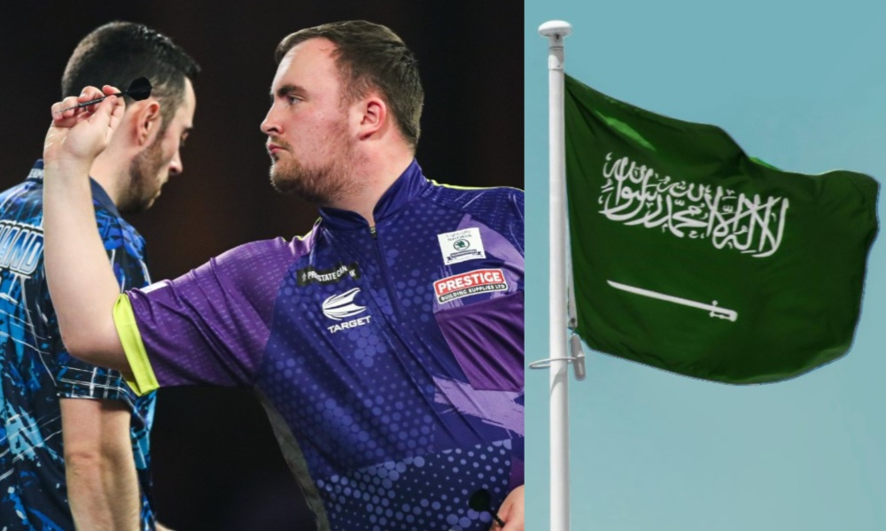 Kolaż: Luke Littler i Luke Humphries podczas finału mistrzostw świata, a z boku flaga Arabii Saudyjskiej