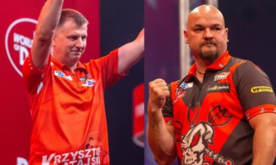 Krzysztof Ratajski i Karel Sedlacek podczas Superbet Poland Darts Masters 2023